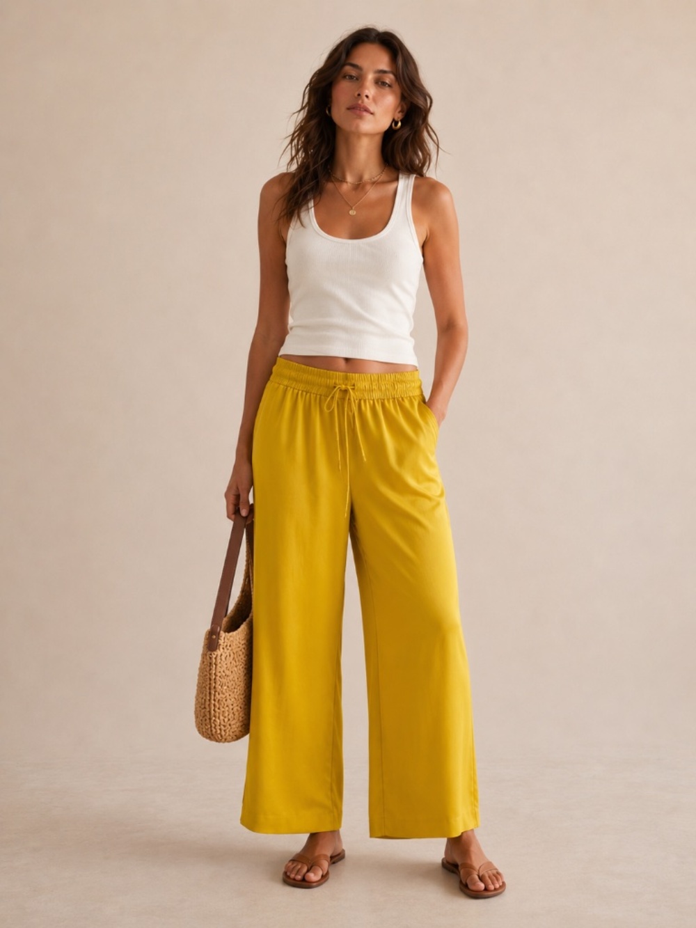 NWT Zara Satin Wide Leg Pants Mustard Yellow Pull-On Waist Drawstring Size XL